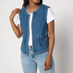 LOGO by Lori Goldstein Denim Vest with Braided Trim Medium Indigo Large
